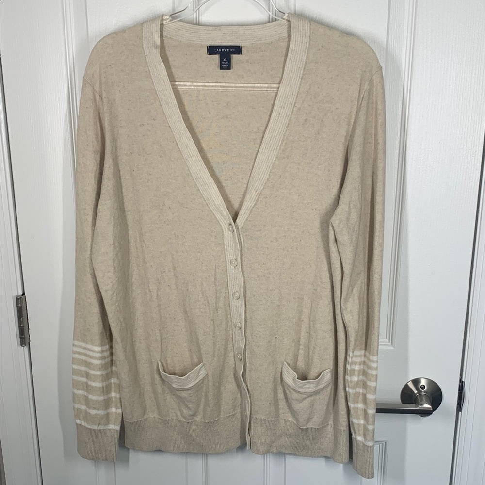 Land’s End tan and white striped long cardigan linen cotton blend size XL 18-20